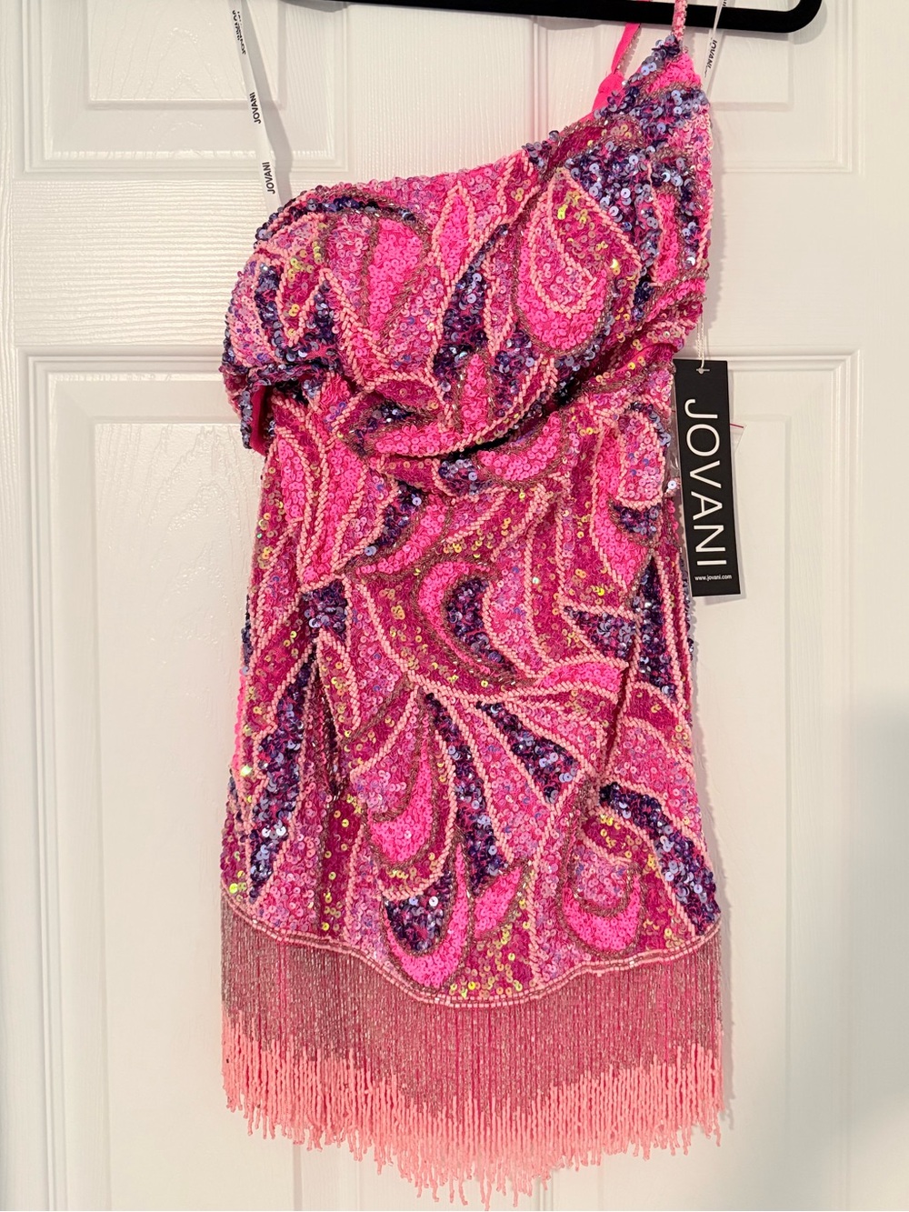 Jovani 40076  Hot Pink Sequined Fringe Mini Dresses